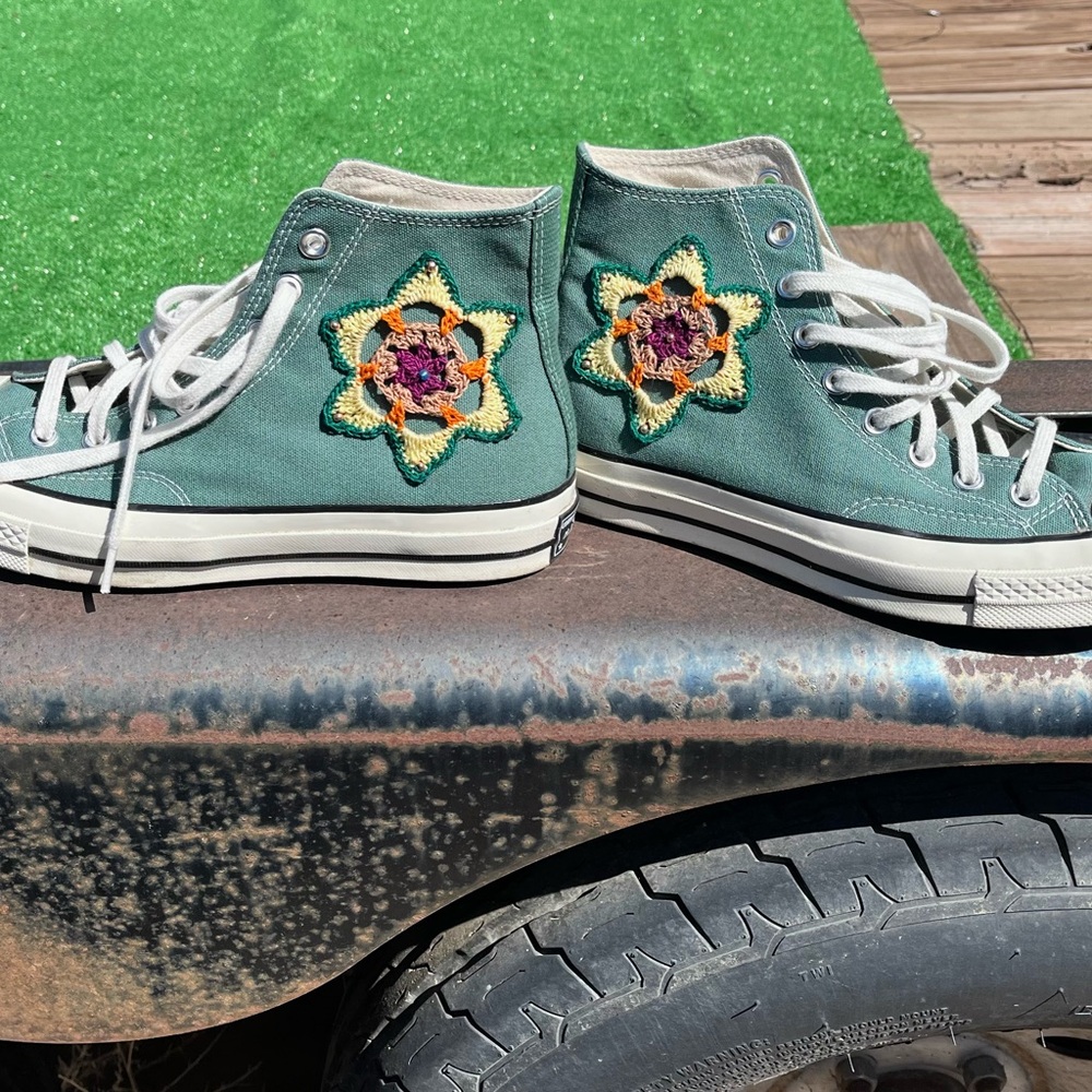 Converse Green High-Tops with hand Crocheted and Beaded Accents